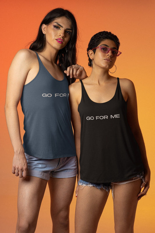 Go For Me women's racerback tank top, fun film and tv industry tee for crew show blacks